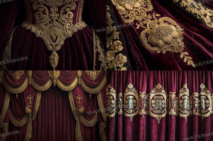Opulent Gold Drapes Backdrops, Royal Velvet Curtains Digital Backgrounds, Luxury Red Gold Photography Props, Baroque Theatre Stage