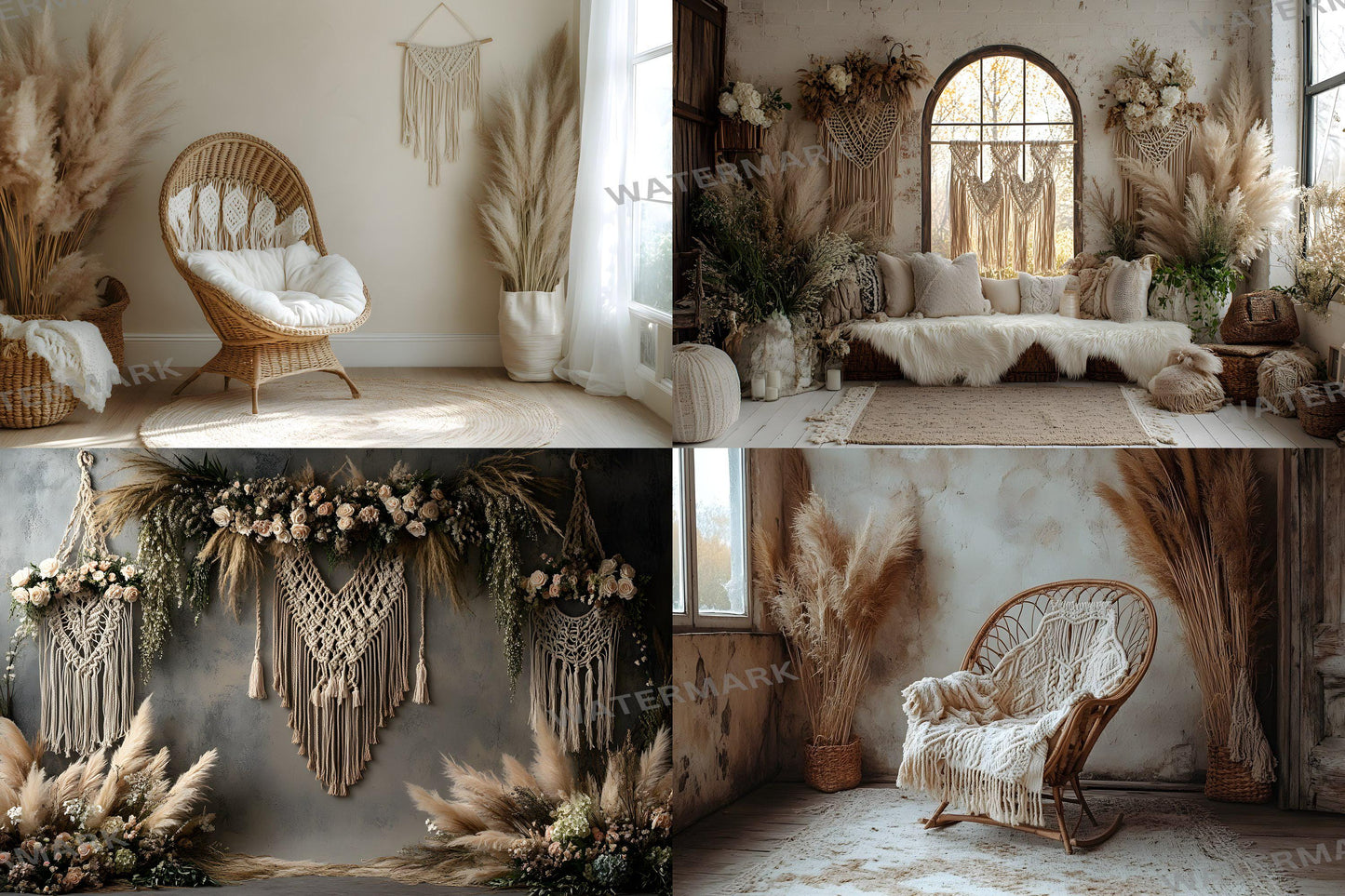 Boho Chic Bliss Backdrops, Cozy Bohemian Interior Digital Background, Light Lifestyle Decor Photo Booth Prop, Modern Plant Lover Scene