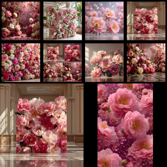 Pink Peony Flower Wall Digital Backdrop, Floral Photography Background for Spring, Square Photo Booth Prop, Wedding, Birthday Party, High Resolution Images