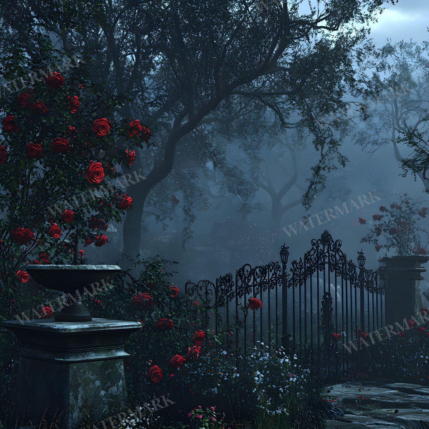 Gothic Rose Floral Digital Backdrop - Photography, Crafts, Storytelling - Gothic Background - Red Gothic Roses in Abandoned Gothic Courtyard