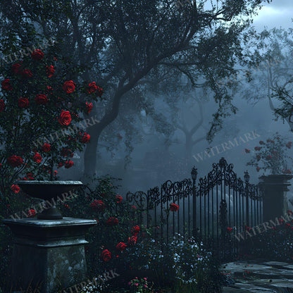 Gothic Rose Floral Digital Backdrop - Photography, Crafts, Storytelling - Gothic Background - Red Gothic Roses in Abandoned Gothic Courtyard