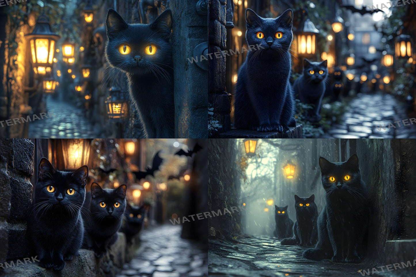 Black Cat Alley Backdrops, Night Urban Moody City Digital Background - Feline, Mysterious Dark Street Scene, Witchcraft - Witch's Cat