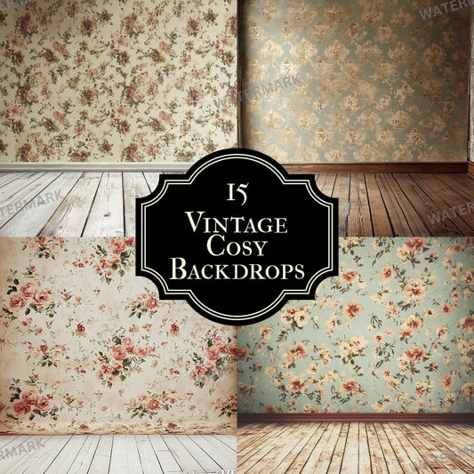 VINTAGE COZY BACKDROPS Digital Backgrounds for Photography, Soft Inviting Room Settings - Floral Wallpaper & Wooden Floors for Overlays