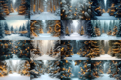 Snowy Forest Backdrops for Winter Photography, Holiday Scenes, and Photoshop Overlays, Christmas Lighting Backgrounds, Winter Backdrops