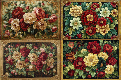 Baroque floral tapestry digital backdrops, ornate PNG overlays, vintage fabric photo backgrounds, classical photography composite scenes