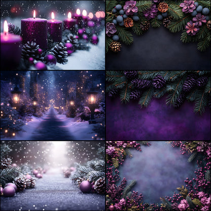 Gothic Purple Christmas Backdrop Set, Festive Holiday Backgrounds, Dark Winter Photography, Digital Photo Overlays, Fantasy Xmas Scenes