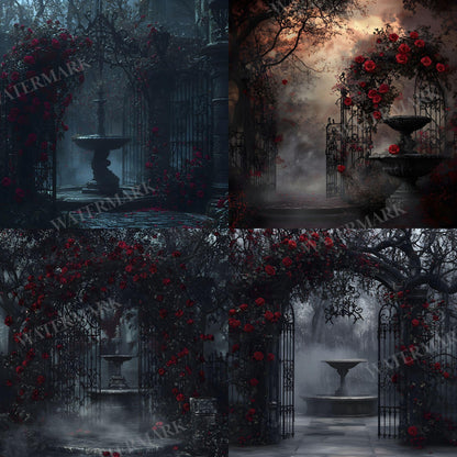 Gothic Rose Floral Digital Backdrop - Photography, Crafts, Storytelling - Gothic Background - Red Gothic Roses in Abandoned Gothic Courtyard