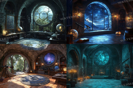 Celestial Tower Backdrops | Fantasy Castle Digital Backgrounds | Mystical Gothic Architecture | Starry Night Scenes | Digital Backdrops