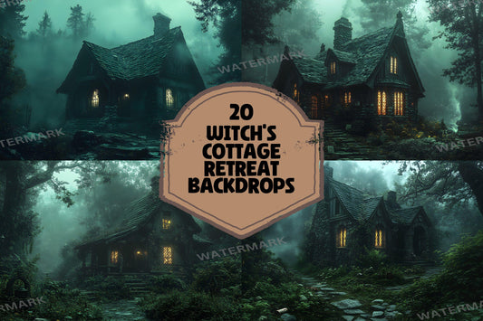 Witch Cottage Retreat Backdrops, Enchanted Forest Hideaways, Cozy Magical Cabins, Mystical Woodland Scenes, Digital Fantasy Backgrounds