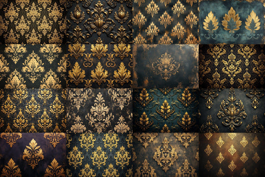 Decorative Gold Damask Backdrops, Ornamental Baroque Pattern Digital Backgrounds, Embellishment Textures, Art Project, Regal Backgrounds