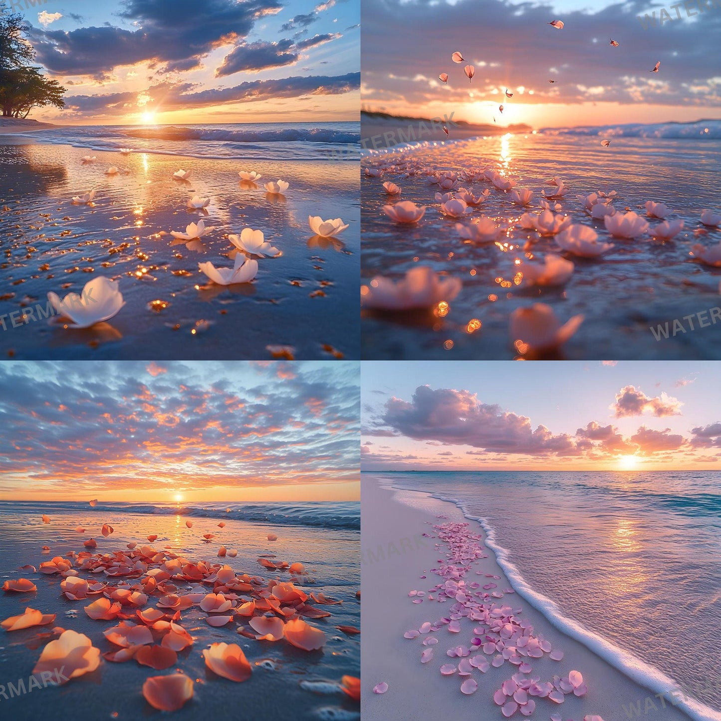 Sunset Oasis Backdrops, Dreamy Beach Photography Backgrounds, Pink Petal Shoreline Scenes, Sunset Beach Wedding and Maternity Backdrops