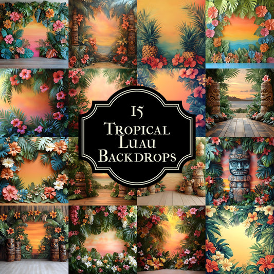 Tropical Luau Backdrops - Vibrant Beach & Palm Tree Digital Backgrounds for Summer Photography - Tropical, Hawaii, Studio Backgrounds
