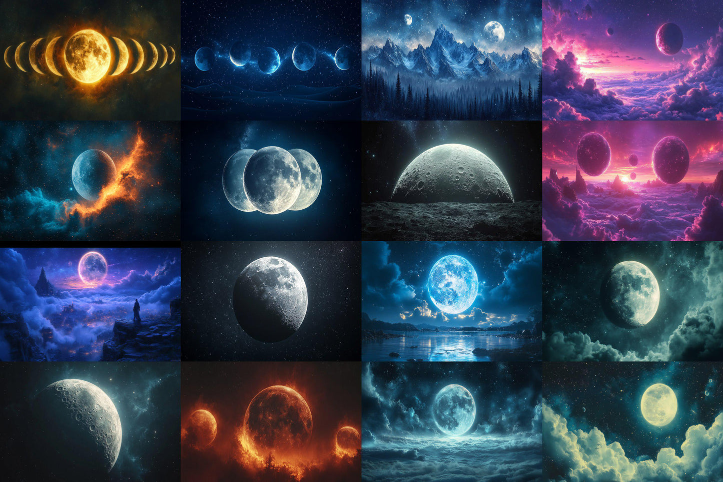 Celestial Moons digital backdrop, 16:9 ratio. Beautiful moons in a starry sky, perfect for TV wallpaper or streaming background