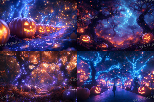 Pumpkin Grove Magic Backdrops, Spooky Halloween Digital Backgrounds, Jack-o���������-Lantern Night Scene, Fantasy Autumn PNG Photoshop Overlay