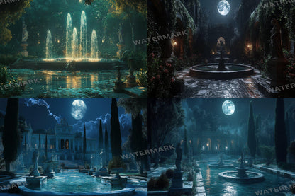 Moonlit Palace digital backdrop, 16:9 ratio. Majestic palace under the glow of the moon, perfect for streaming backgrounds or TV wallpaper