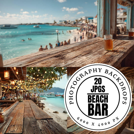 Beach Bar Photography Backdrops - 2JPGs | Tropical Island Digital Backgrounds, Ocean View Photo Overlays, Summer Vibes Studio Props