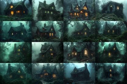 Witch Cottage Retreat Backdrops, Enchanted Forest Hideaways, Cozy Magical Cabins, Mystical Woodland Scenes, Digital Fantasy Backgrounds