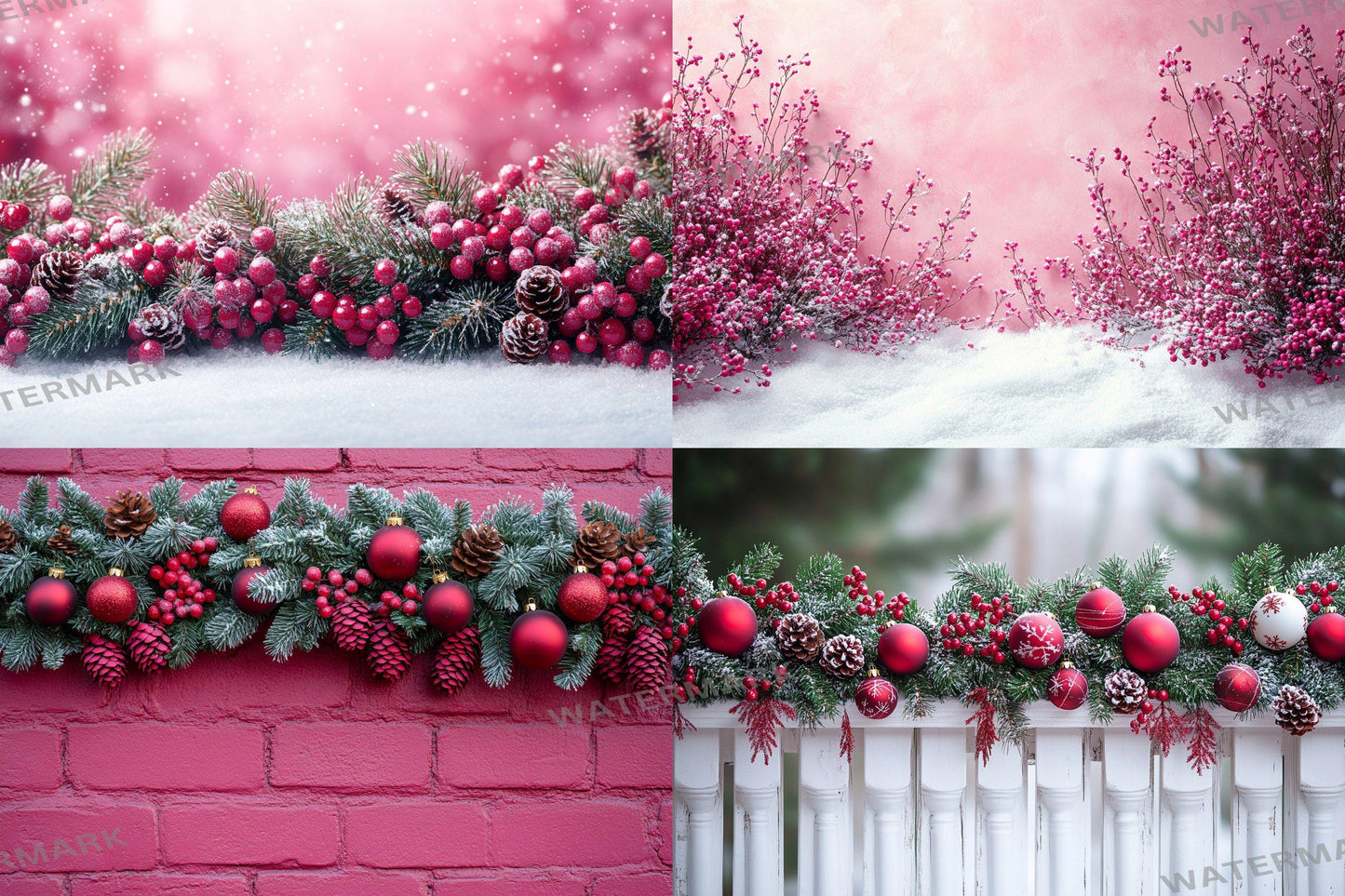 Fuchsia Outdoor Christmas Backdrops | Digital Winter Wonderland Scenes | Holiday Photography Backgrounds - Pink Christmas Backgrounds
