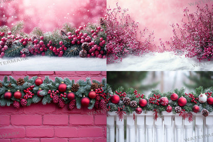 Fuchsia Outdoor Christmas Backdrops | Digital Winter Wonderland Scenes | Holiday Photography Backgrounds - Pink Christmas Backgrounds