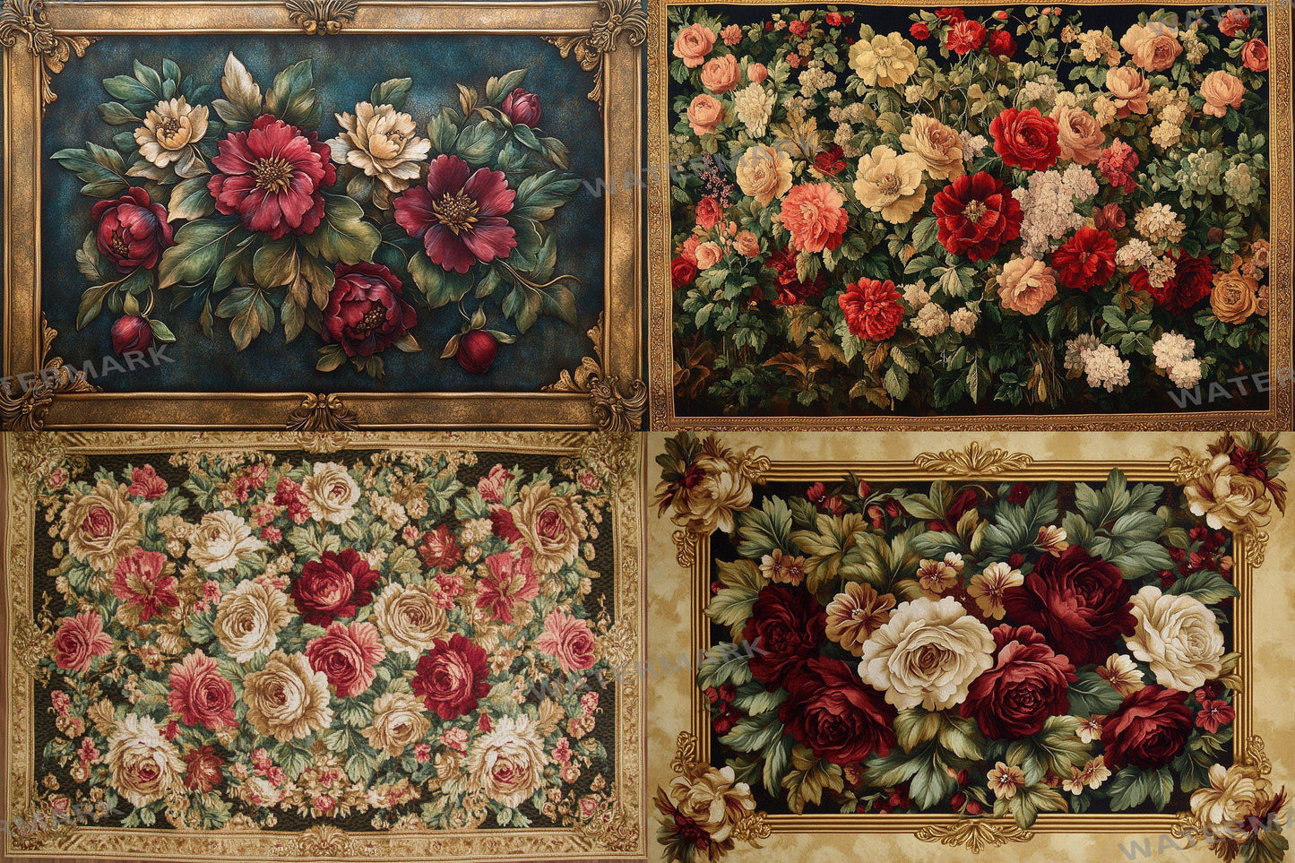 Baroque floral tapestry digital backdrops, ornate PNG overlays, vintage fabric photo backgrounds, classical photography composite scenes