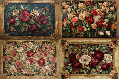 Baroque floral tapestry digital backdrops, ornate PNG overlays, vintage fabric photo backgrounds, classical photography composite scenes