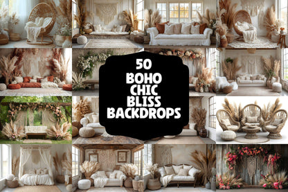 Boho Chic Bliss Backdrops, Cozy Bohemian Interior Digital Background, Light Lifestyle Decor Photo Booth Prop, Modern Plant Lover Scene