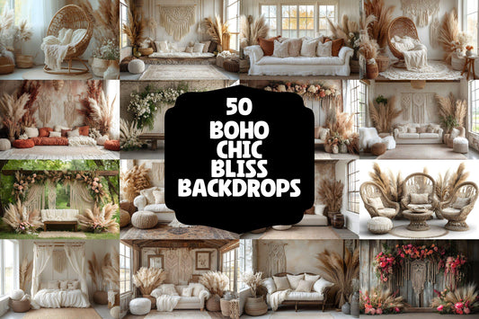 Boho Chic Bliss Backdrops, Cozy Bohemian Interior Digital Background, Light Lifestyle Decor Photo Booth Prop, Modern Plant Lover Scene
