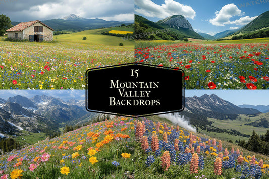 Mountain Valley Backdrops, Scenic Alpine Landscapes, Blooming Wildflower Fields, Rolling Hills, Majestic Nature Backgrounds