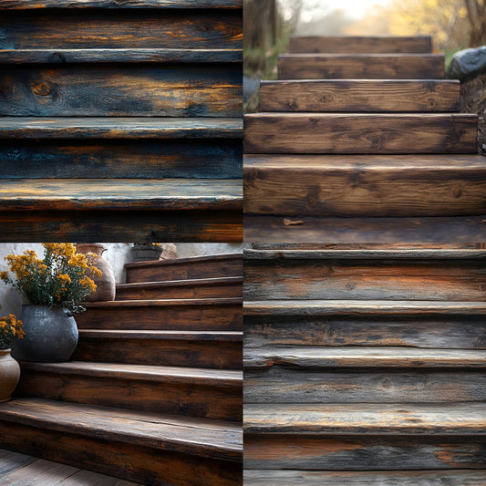 Rustic Wooden Staircase Digital Backdrop Vintage Photography Background for Portrait Photoshoot, Fairytale Scene Setter