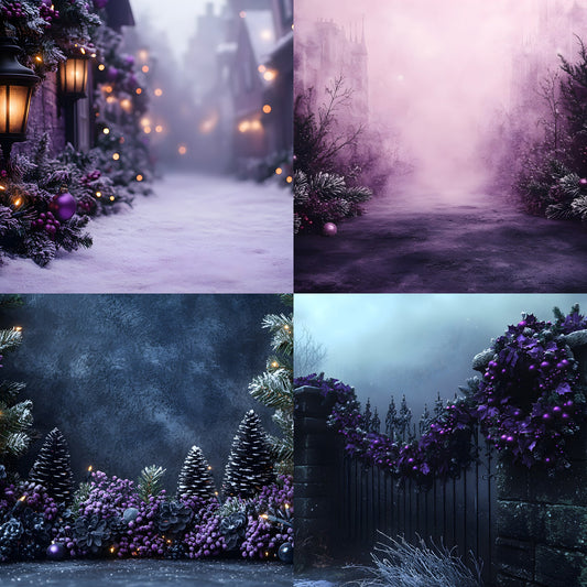 Gothic Purple Christmas Backdrop Set, Eerie Holiday Backgrounds, Dark Festive Photography, Spooky Xmas Digital Backdrops, Images