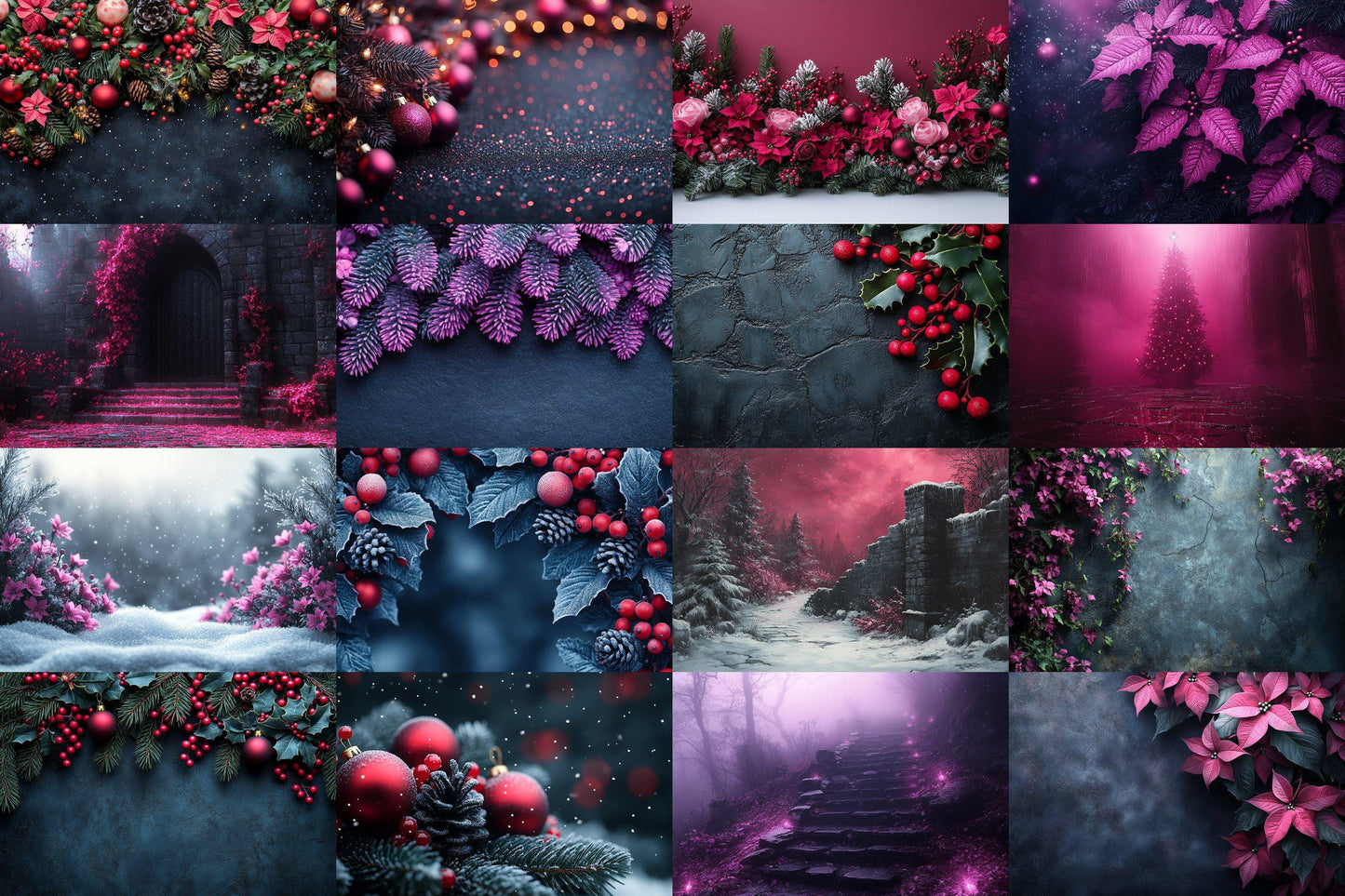 Black & Pink Gothic Christmas Digital Backdrops - Pink and Fuchsia Holiday Photoshop Overlays - Dark Fantasy Backgrounds for Photography