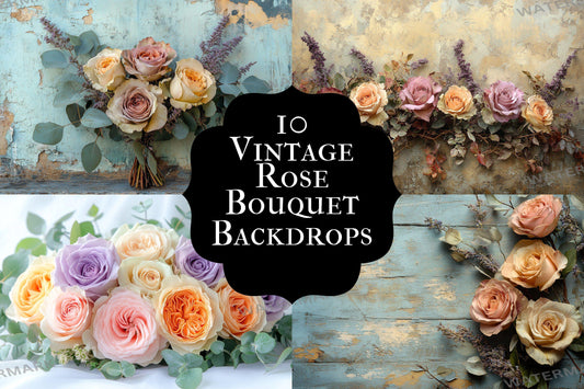 Vintage rose bouquet digital backdrops, floral PNG overlays, shabby chic photography backgrounds, pink flower scene composite props
