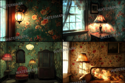 Vintage Wallpaper Room Digital Backdrop, Photography Backgrounds, Antique Interior Photo Prop, High-Res Image for Photographers