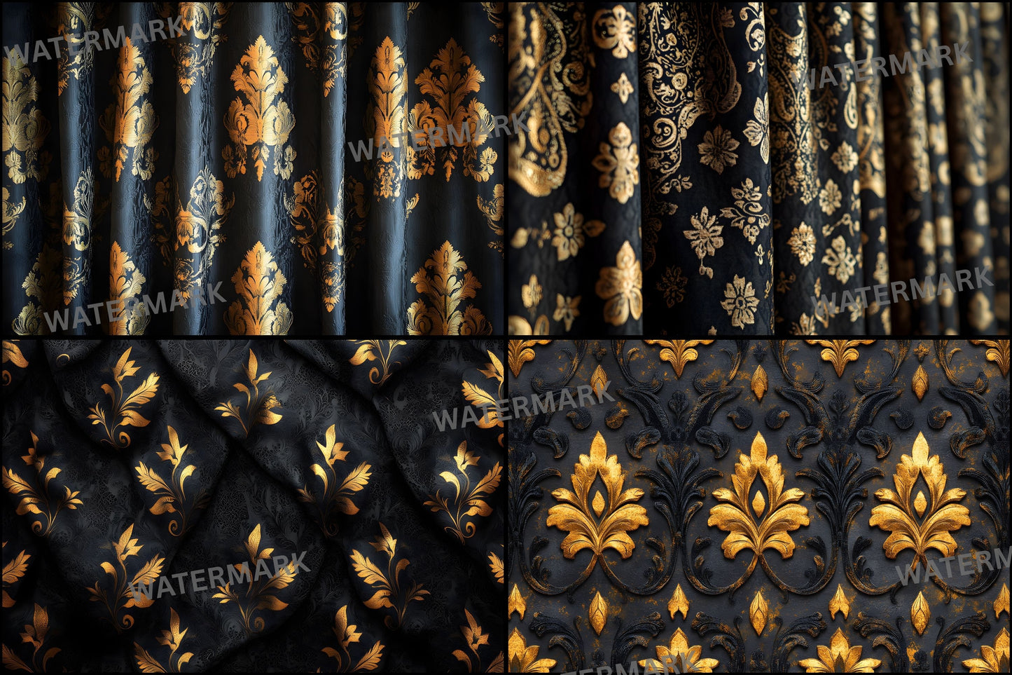 Black Gold Brocade Curtains Digital Backdrop, Elegant Photography Background, Luxury Portrait Photo Booth, Printable Fabric Texture, Ratios