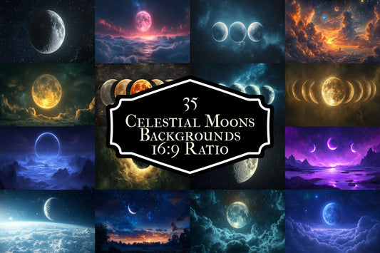 Celestial Moons digital backdrop, 16:9 ratio. Beautiful moons in a starry sky, perfect for TV wallpaper or streaming background