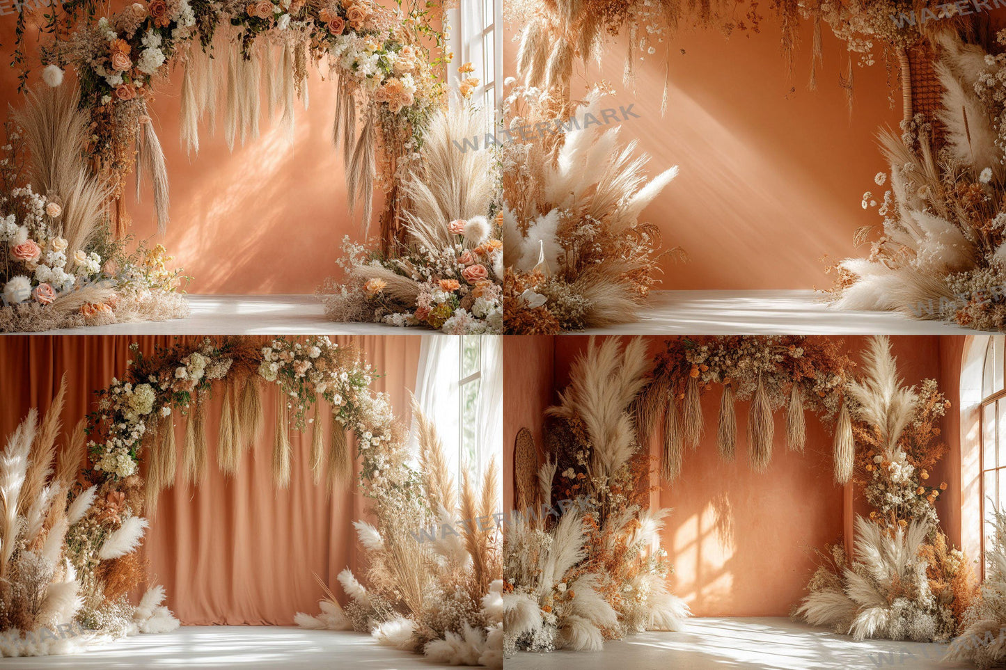 Boho Terracotta Backdrops - Warm Rustic Pampas & Elegant Archway Digital Backgrounds for Photoshop, Master Overlays, Maternity, Wedding