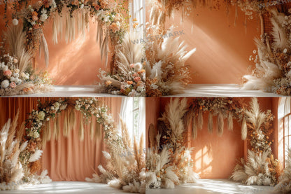 Boho Terracotta Backdrops - Warm Rustic Pampas & Elegant Archway Digital Backgrounds for Photoshop, Master Overlays, Maternity, Wedding