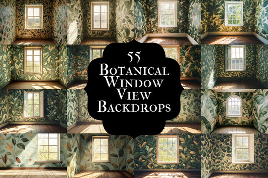 Botanical Window View Backdrops, Digital Forest Room Photography Props, Nature Interior Digital Backgrounds, Vintage Woodland Wallpapers
