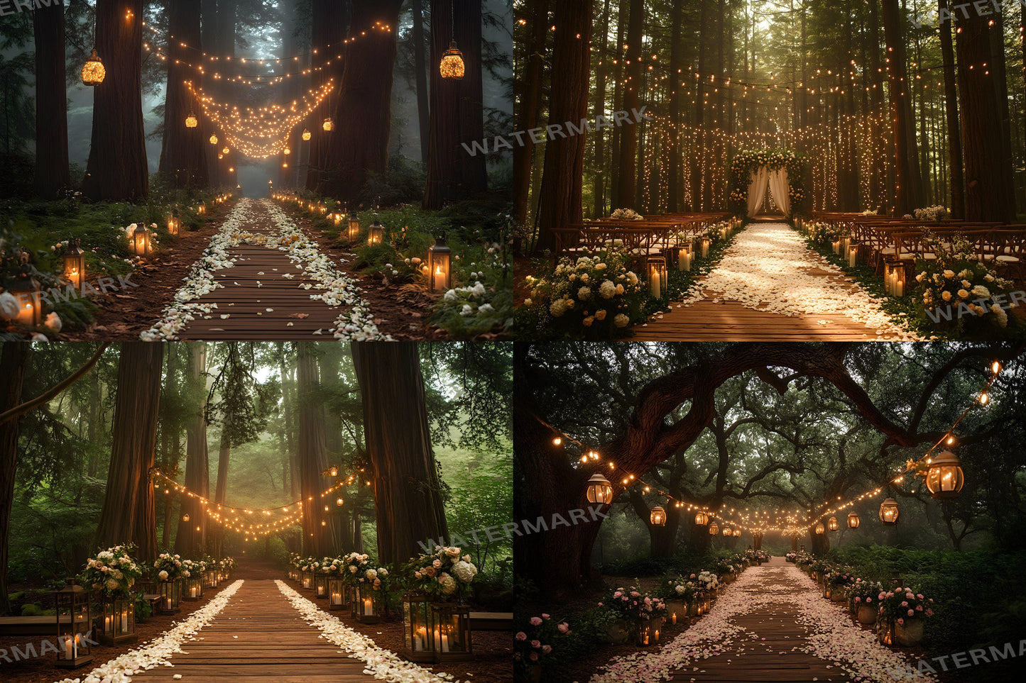 Forest Wedding Backdrops ��������� Rustic Elegance with Fairy Lights and Candlelit Paths - 3:2 Ratio - Wedding Photography - Wedding Backgrounds