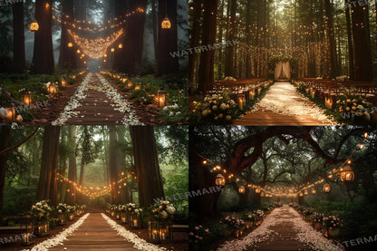 Forest Wedding Backdrops ��������� Rustic Elegance with Fairy Lights and Candlelit Paths - 3:2 Ratio - Wedding Photography - Wedding Backgrounds