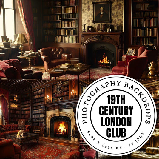 Century London Club Backdrops - 16 JPGs | Victorian Study Digital Backgrounds, Old English Library Photo Props