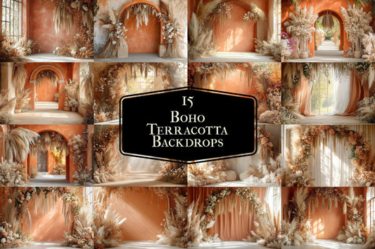 Boho Terracotta Backdrops - Warm Rustic Pampas & Elegant Archway Digital Backgrounds for Photoshop, Master Overlays, Maternity, Wedding