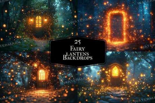 Fairy Lanterns Backdrops - Magical Forest Scenes with Glowing Lanterns and Enchanted Doorways - Fairytale Storybook PNG Backgrounds