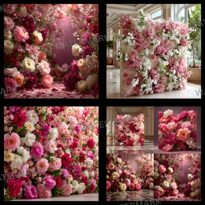 Pink Peony Flower Wall Digital Backdrop, Floral Photography Background for Spring, Square Photo Booth Prop, Wedding, Birthday Party, High Resolution Images