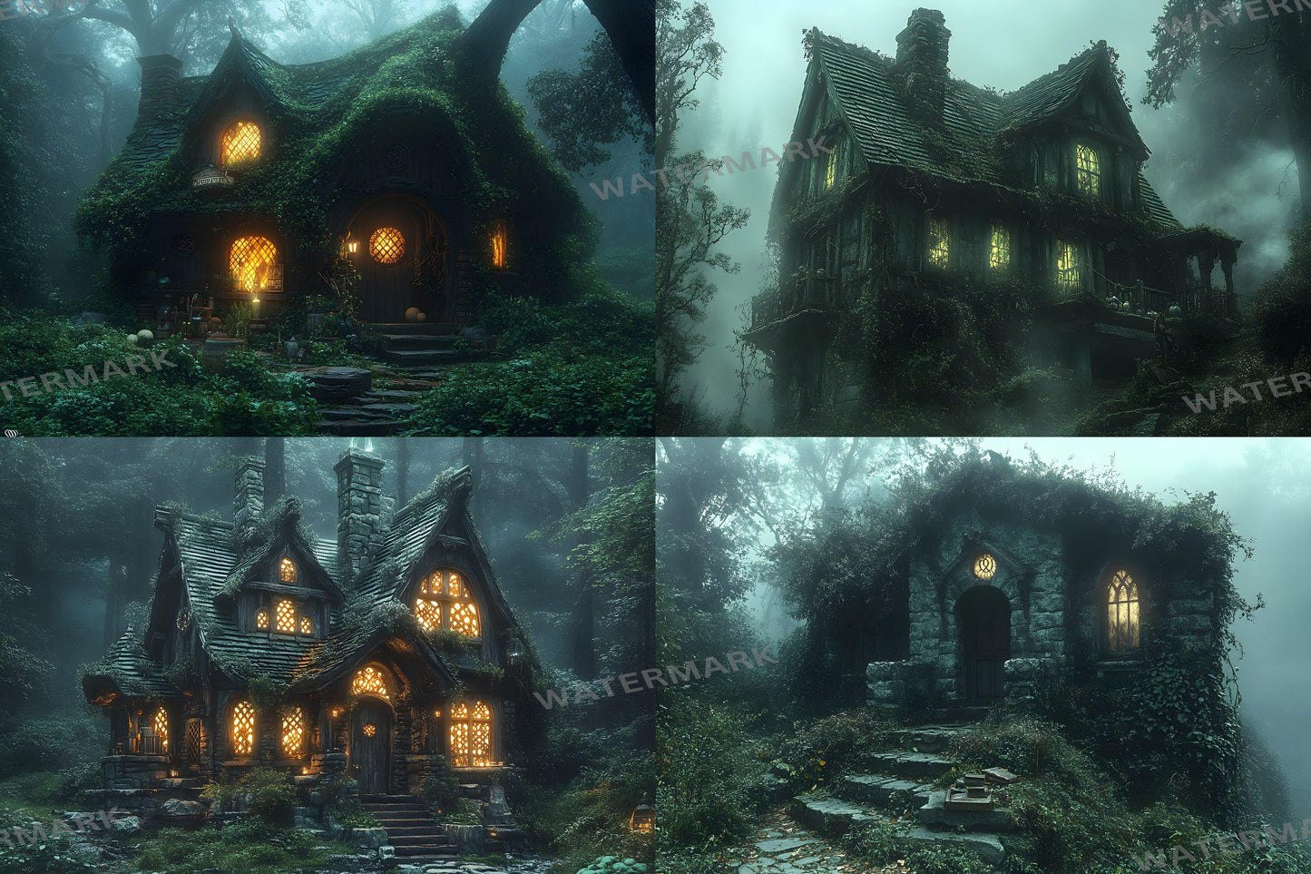 Witch Cottage Retreat Backdrops, Enchanted Forest Hideaways, Cozy Magical Cabins, Mystical Woodland Scenes, Digital Fantasy Backgrounds
