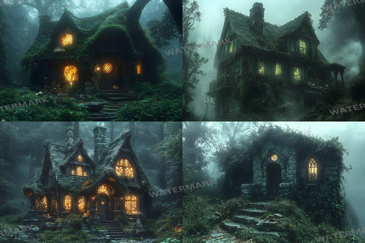 Witch Cottage Retreat Backdrops, Enchanted Forest Hideaways, Cozy Magical Cabins, Mystical Woodland Scenes, Digital Fantasy Backgrounds