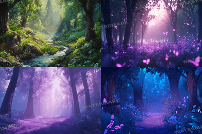 Fairy Forest digital backdrop, 16:9 ratio. Magical glowing forest with fireflies and soft light, perfect streaming background