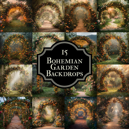 Bohemian Garden Backdrops, Magical Floral Archway Scenes for Weddings, Maternity, Parties, Floral Photography Background, Boho Backdrop