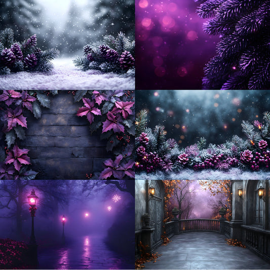 Gothic Purple Christmas Backdrop Set, Eerie Holiday Backgrounds, Dark Festive Photography, Unique Digital Images, Spooky Xmas Photo Overlays