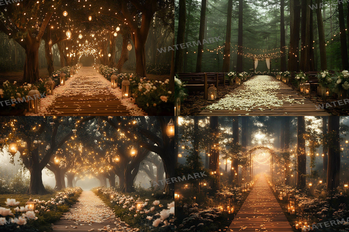 Forest Wedding Backdrops ��������� Rustic Elegance with Fairy Lights and Candlelit Paths - 3:2 Ratio - Wedding Photography - Wedding Backgrounds